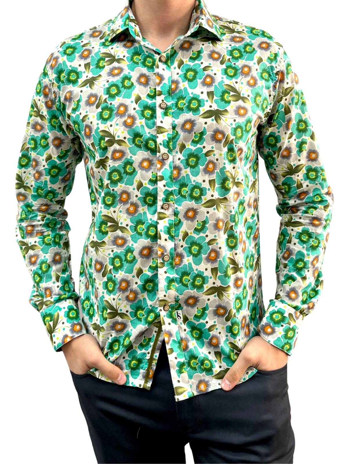 Whisper Floral Cotton L/S Mens Shirt -  Green