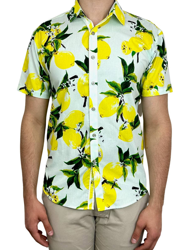 Zesty Floral Cotton S/S Big Mens Shirt - Yellow/Green