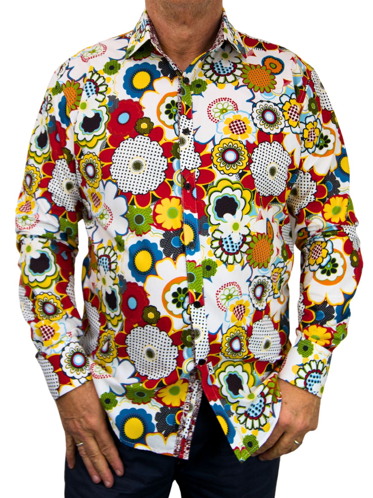 Sunshine Floral Cotton L/S Big Mens Shirt - White