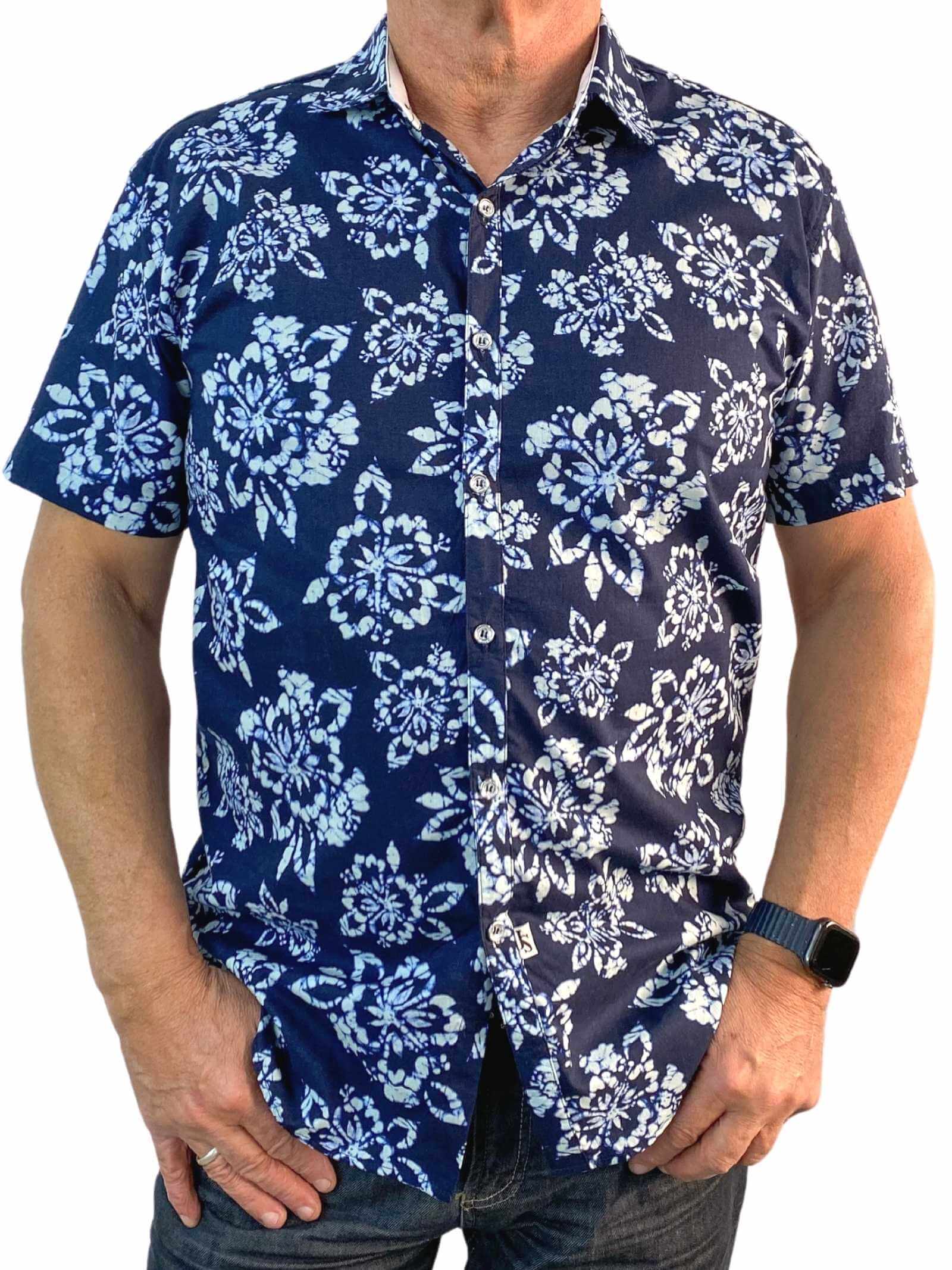 Cosmo Abstract Cotton S/S Shirt - Navy