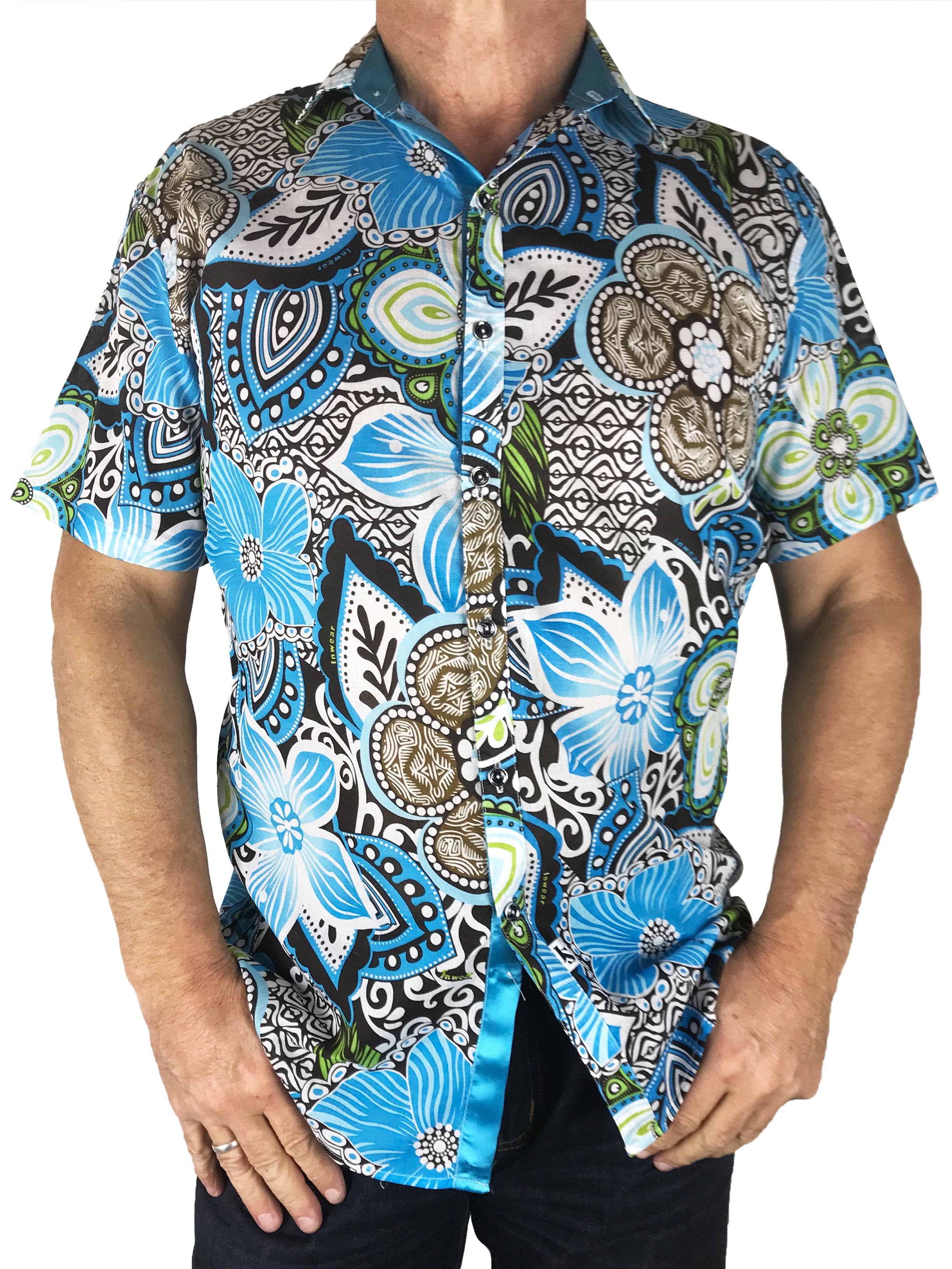 Bora Bora Hawaiian Cotton S/S Shirt - Blue/Brown