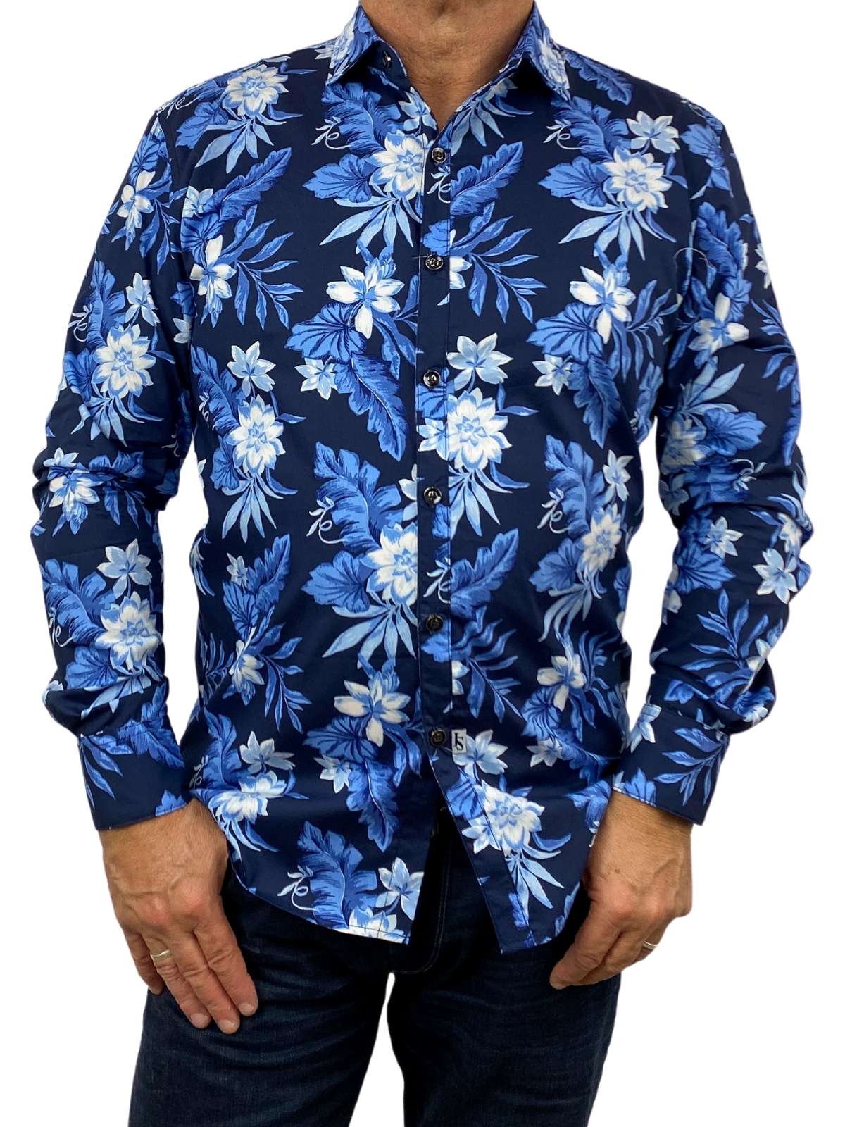 Aruba Floral Cotton L/S Big Mens Shirt - Blue