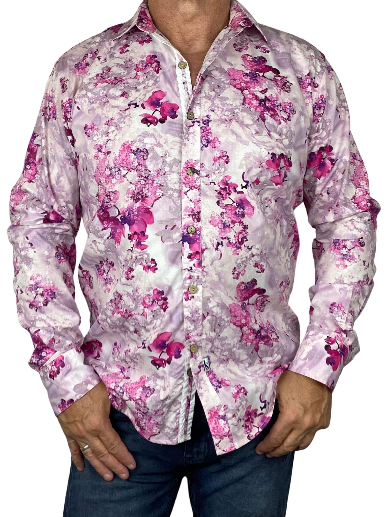 Banks Floral Cotton L/S Big Mens Shirt - Pink