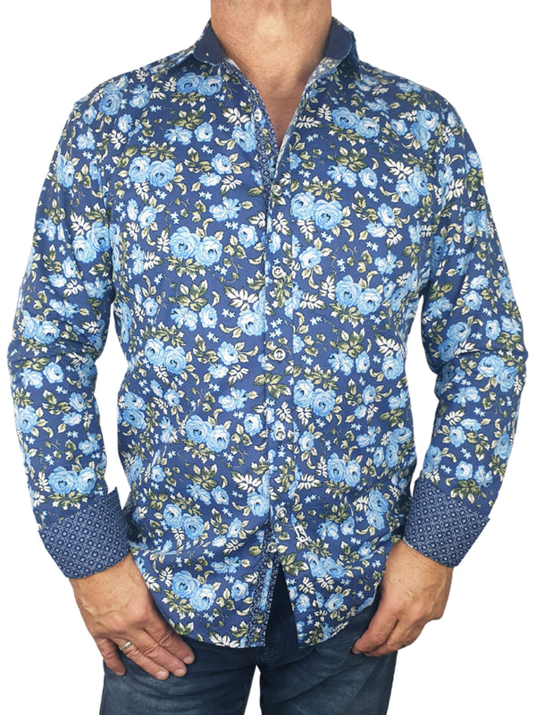 Bloom Floral Cotton L/S Big Mens Shirt - Blue
