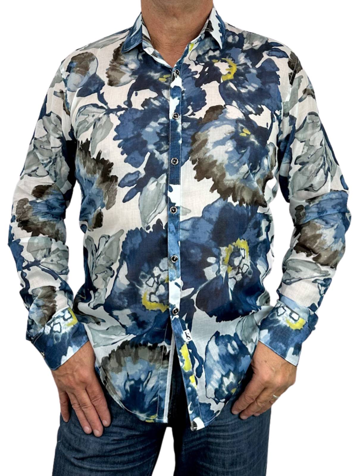 Blur Abstract Cotton Voile L/S Shirt - Cream/Navy