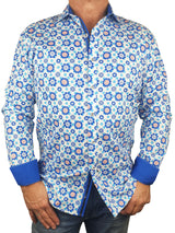 Catalina Floral Cotton L/S Big Mens Shirt - Blue/White