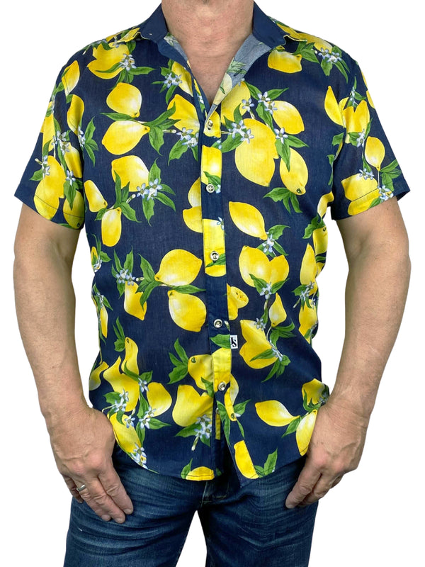 Citrus Abstract Cotton Voile S/S Big Mens Shirt - Navy/Yellow