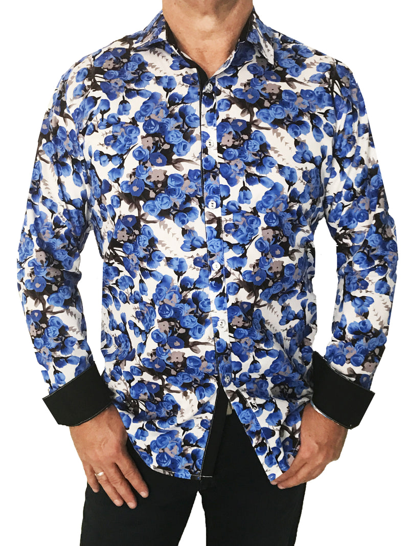 Clooney Floral Cotton L/S Big Mens Shirt - Blue