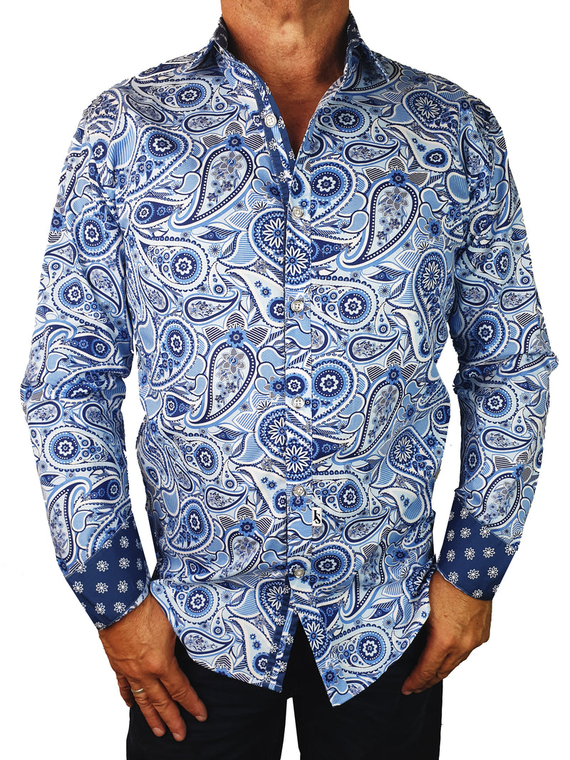 Cloud Paisley Cotton L/S Shirt - Blue