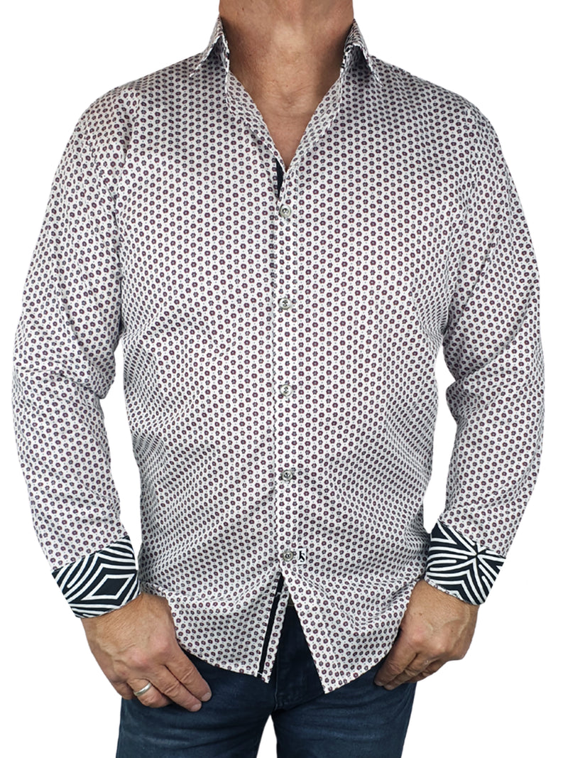 Coral Geometric Cotton L/S Shirt - Red/White