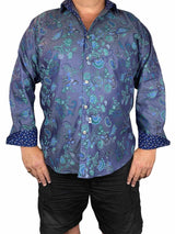 Denim Floral Cotton Long Sleeve Big Mens Shirt - Navy