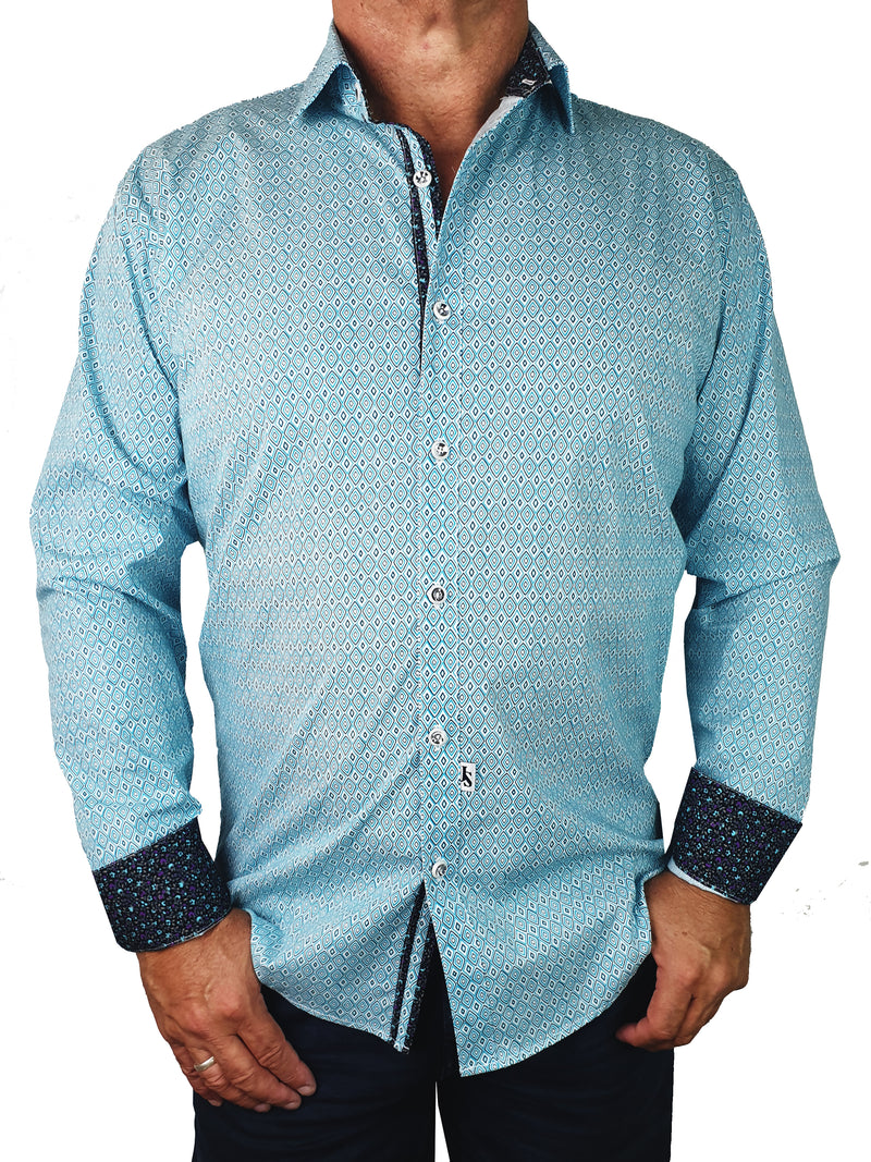 Diamond Geometric Cotton L/S Shirt - Blue