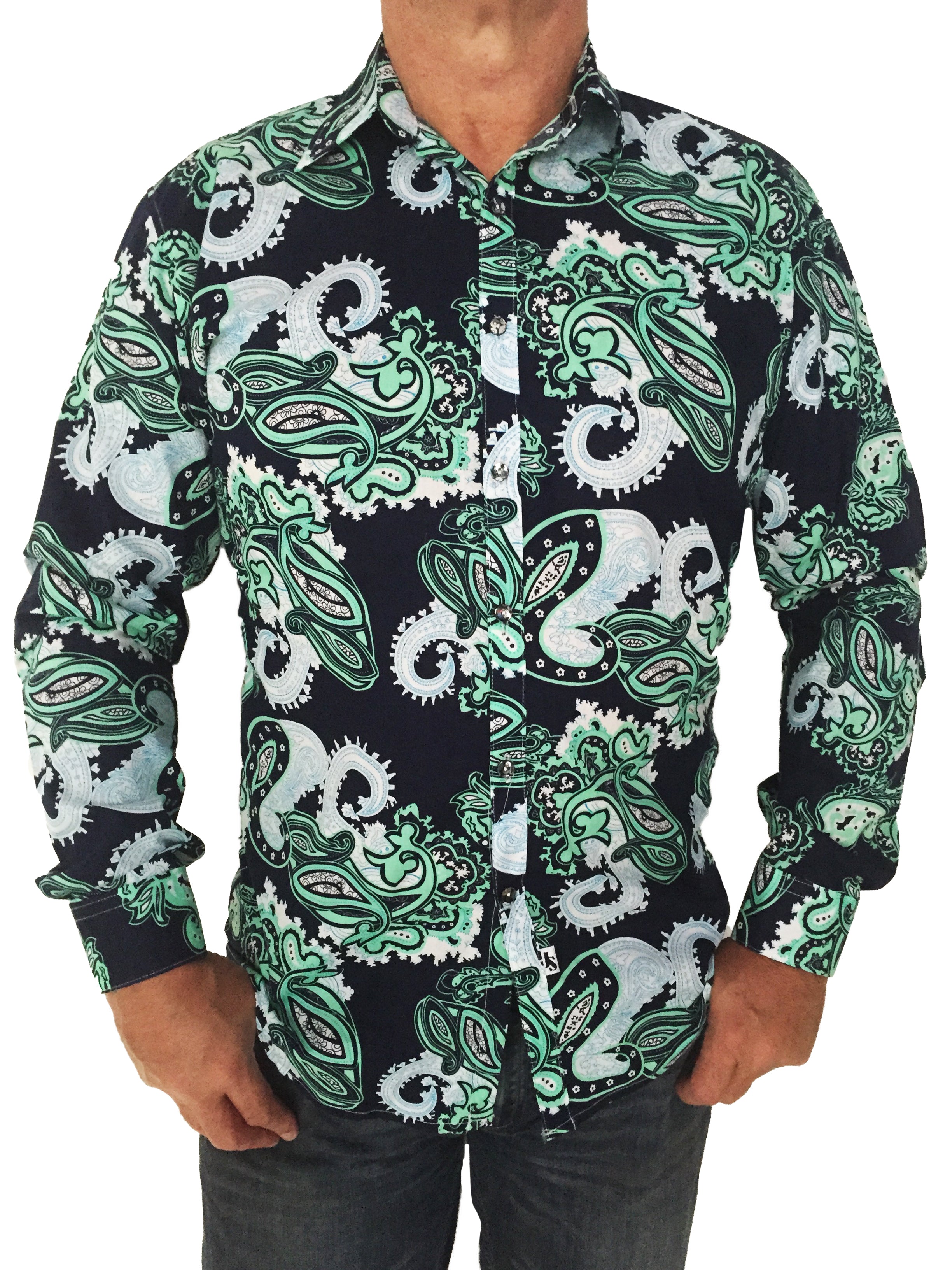 Dragon Paisley Cotton L/S Big Mens Shirt - Navy/Green