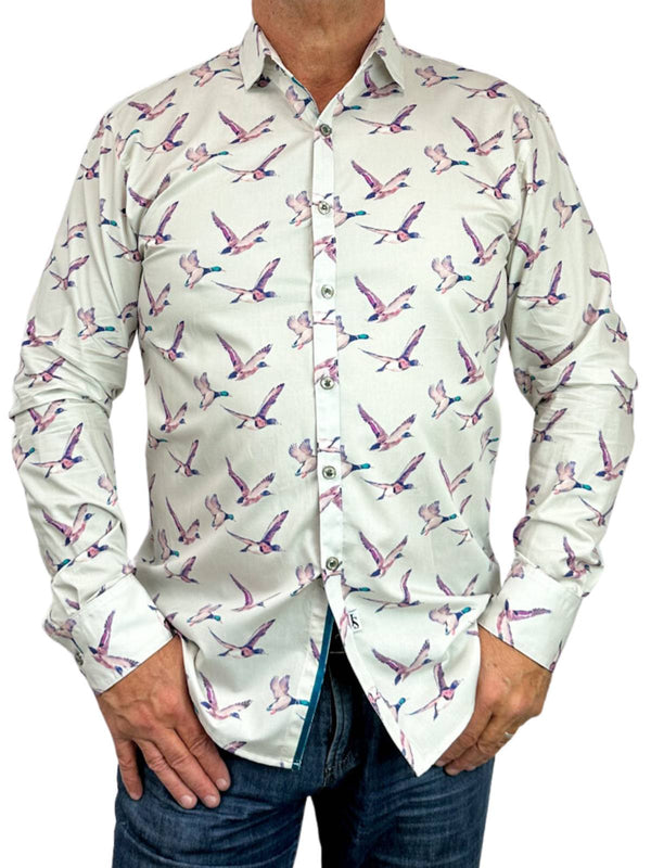 Ducks Abstract Cotton L/S Big Mens Shirt - Beige