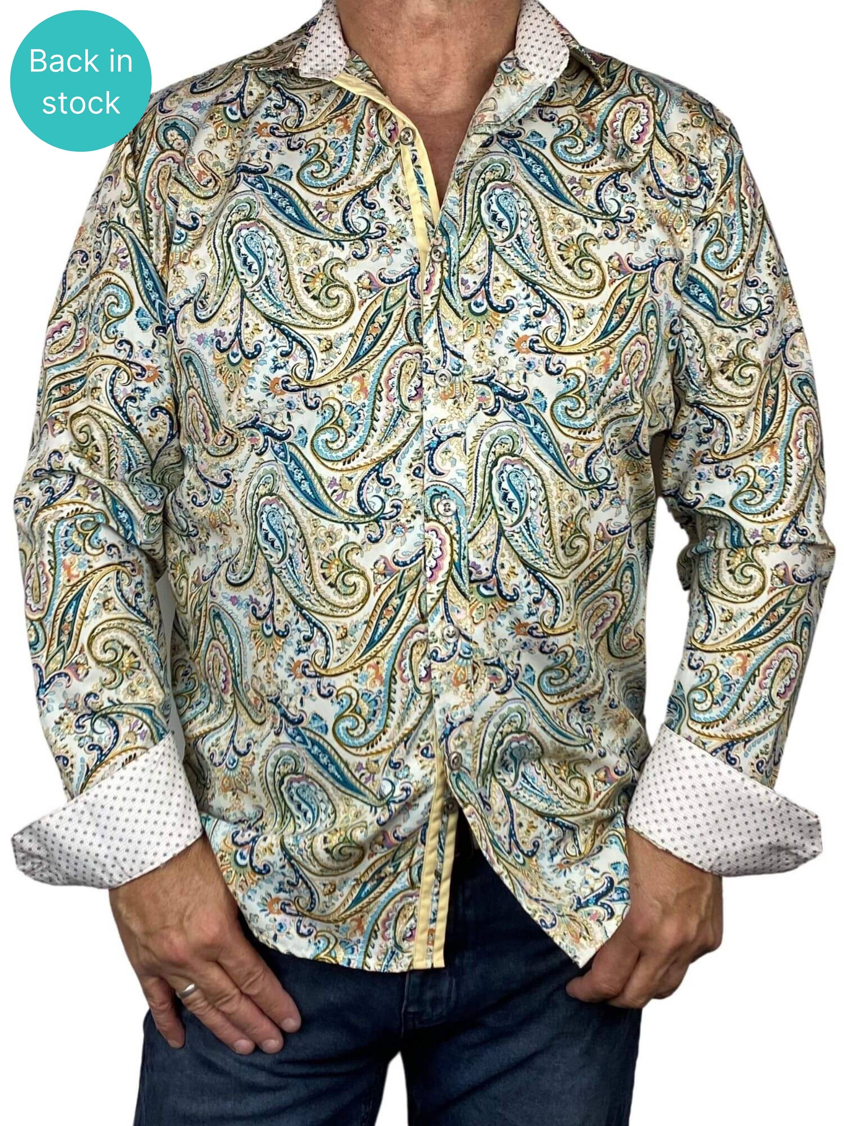 Eden Paisley Cotton L/S Big Mens Shirt - Beige/Green