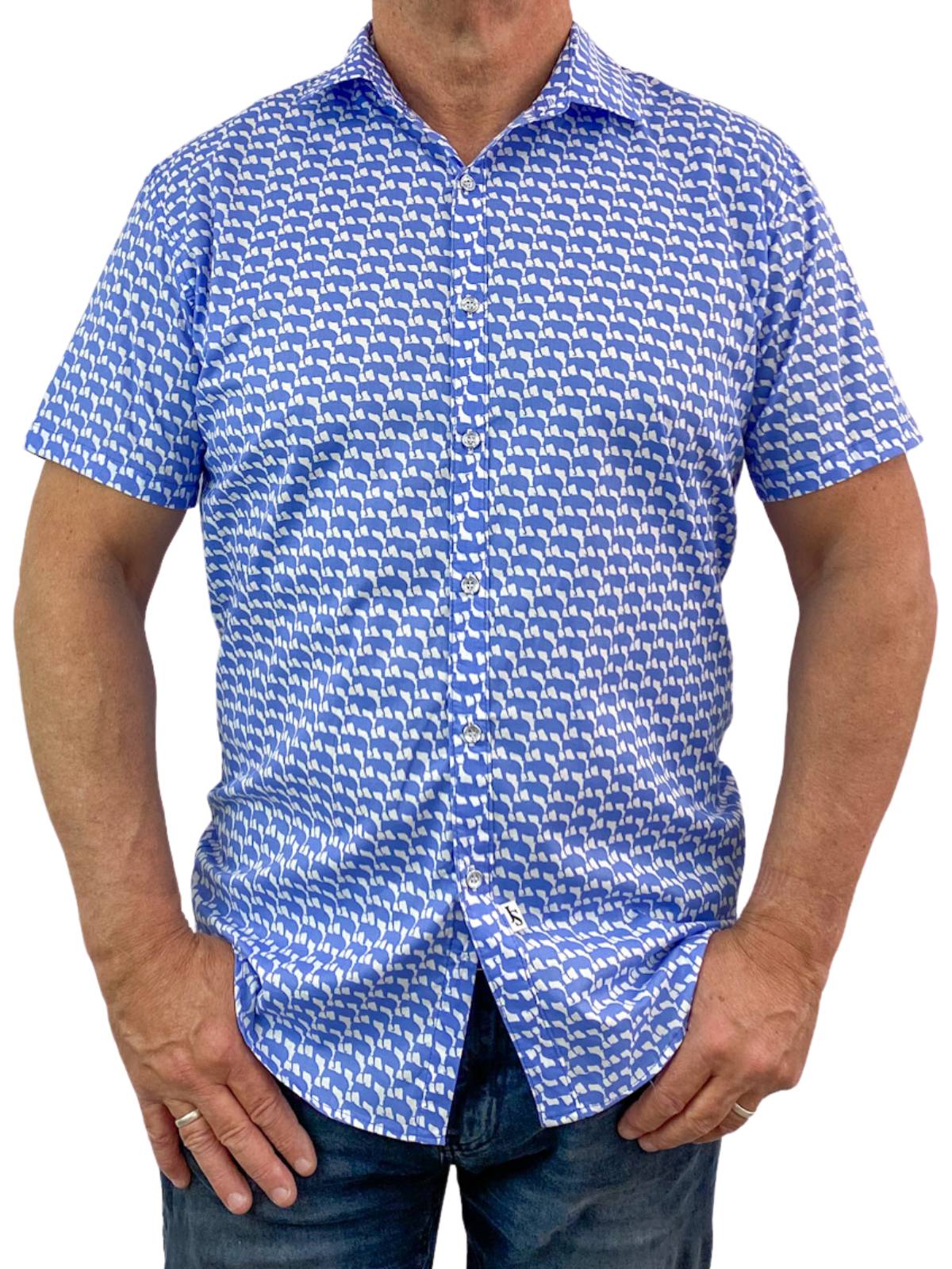 Elephant Abstract Cotton Voile S/S Big Mens Shirt - Blue