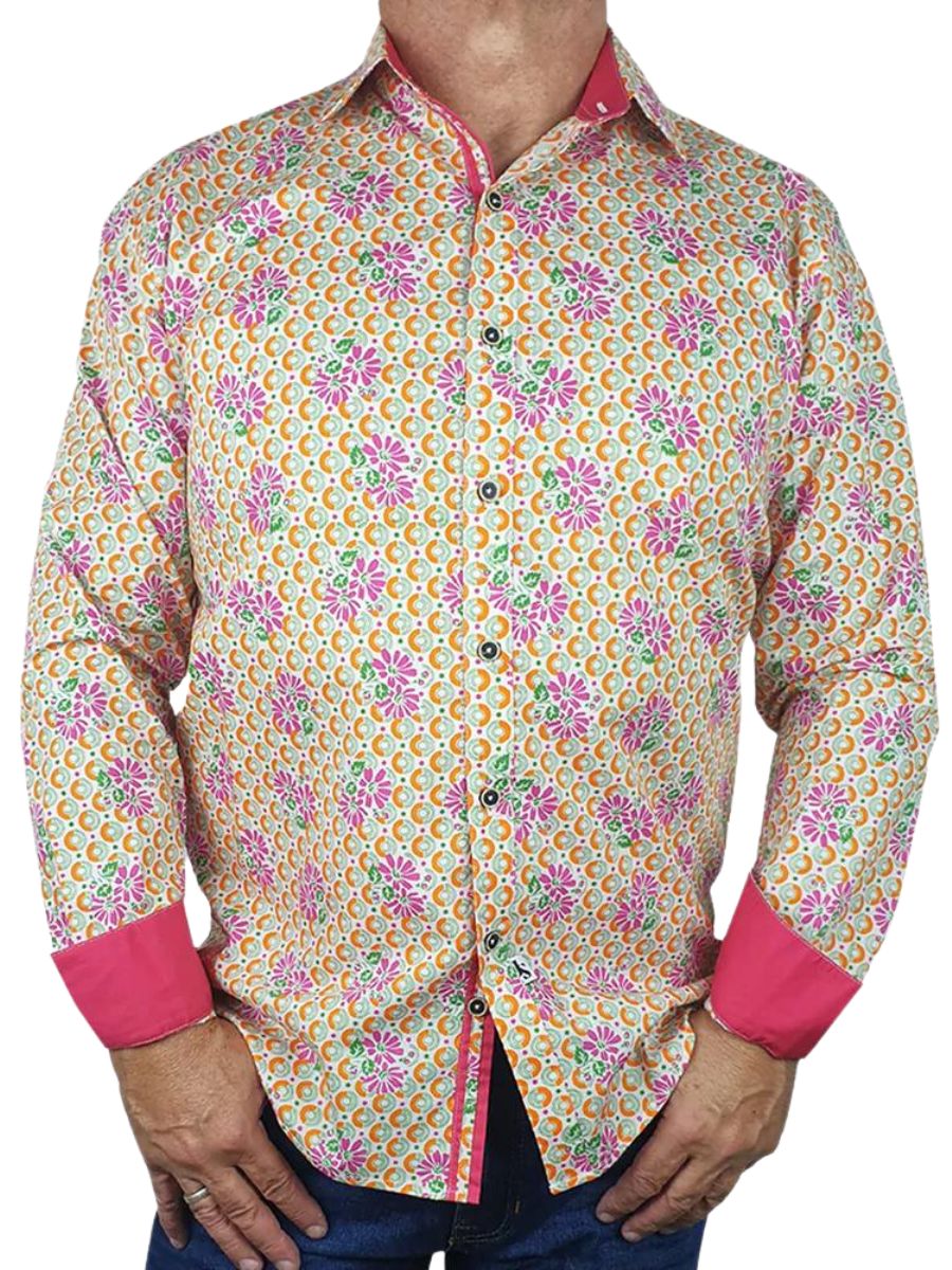 Elton Geometric Cotton L/S Shirt - Orange/Pink