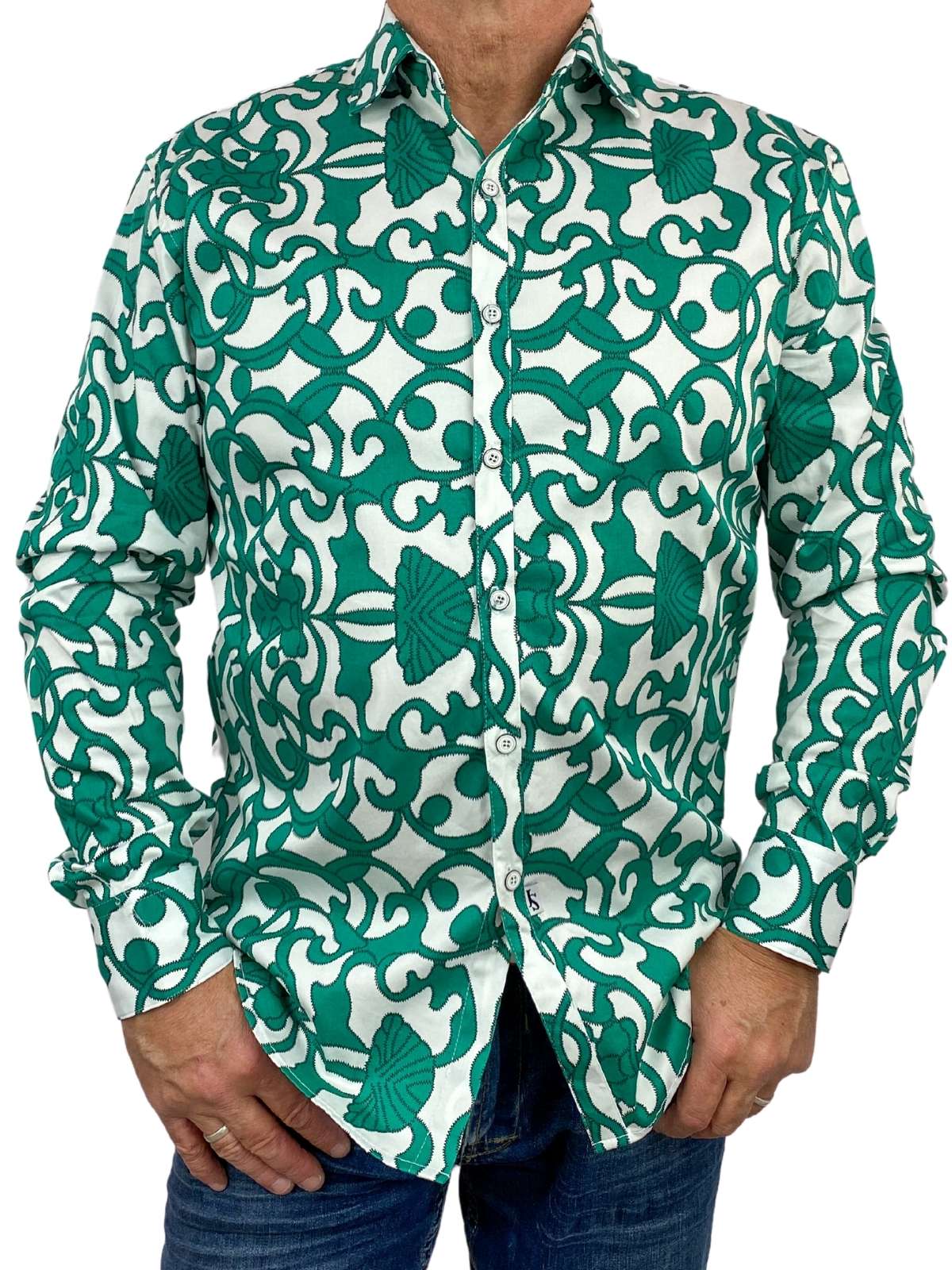 Emerald Abstract Cotton L/S Shirt - Green