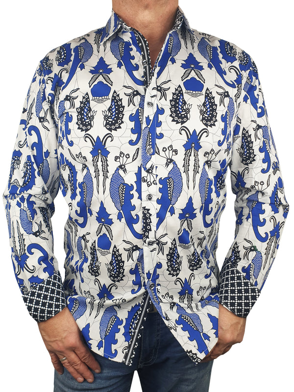 Fantail Abstract Cotton L/S Shirt - Blue/White