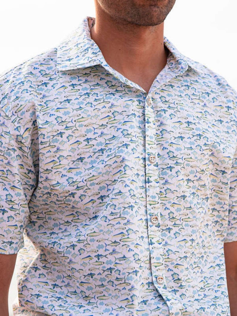 Fish Abstract Cotton S/S Shirt - Blue/Yellow