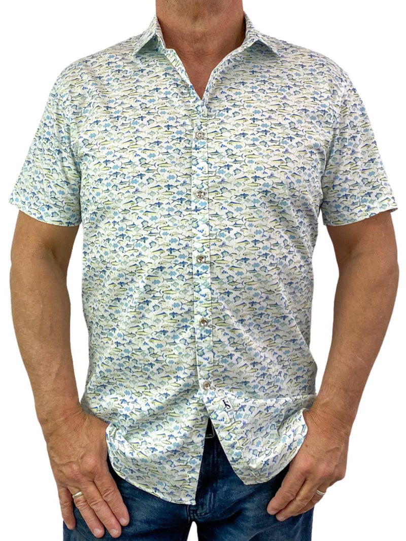 Fish Abstract Cotton S/S Big Mens Shirt - Blue/Yellow