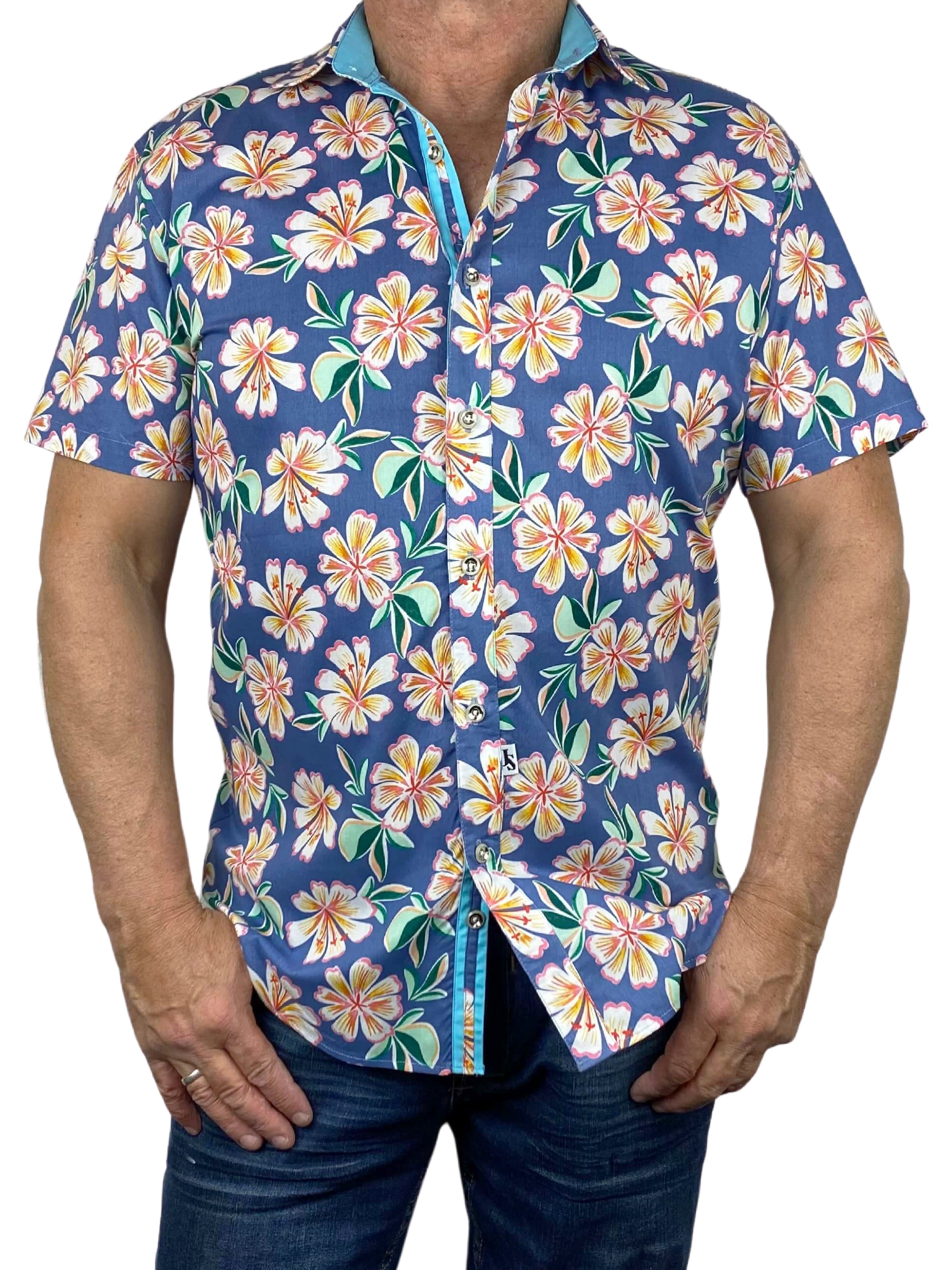 Frangipani Hawaiian Cotton S/S Shirt - Blue/Pink