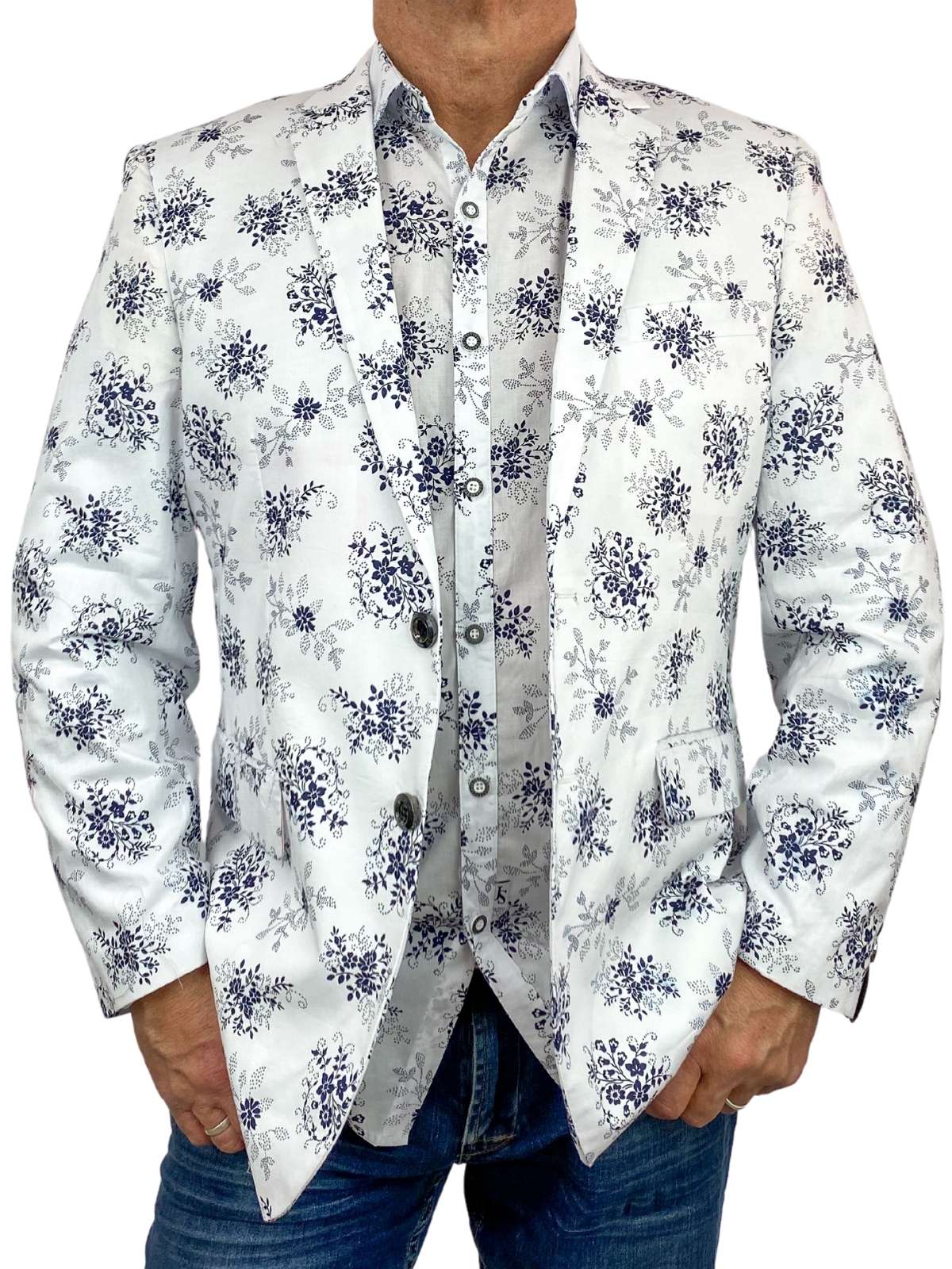 Freeze Floral Cotton L/S Shirt - White/Navy