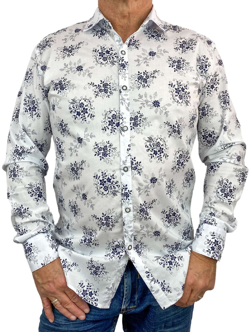 Freeze Floral Cotton L/S Big Mens Shirt - White/Navy