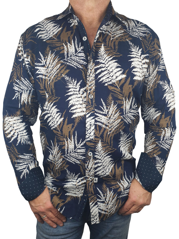 Gully Abstract Cotton Voile L/S Big Mens Shirt - Navy