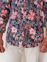 Hibiscus Cotton Hawaiian L/S Shirt - Pink/Navy