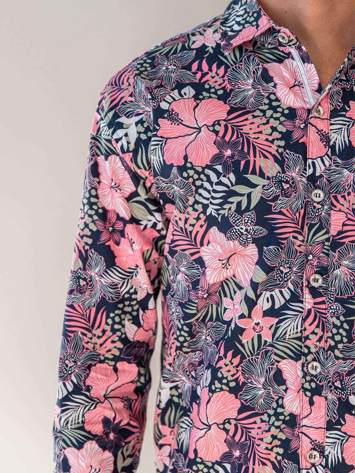 Hibiscus Cotton Hawaiian L/S Shirt - Pink/Navy