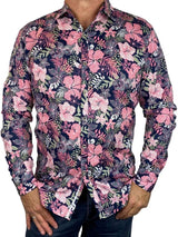 Hibiscus Floral Cotton L/S Big Mens Shirt - Pink/Navy