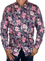 Hibiscus Cotton Hawaiian L/S Shirt - Pink/Navy