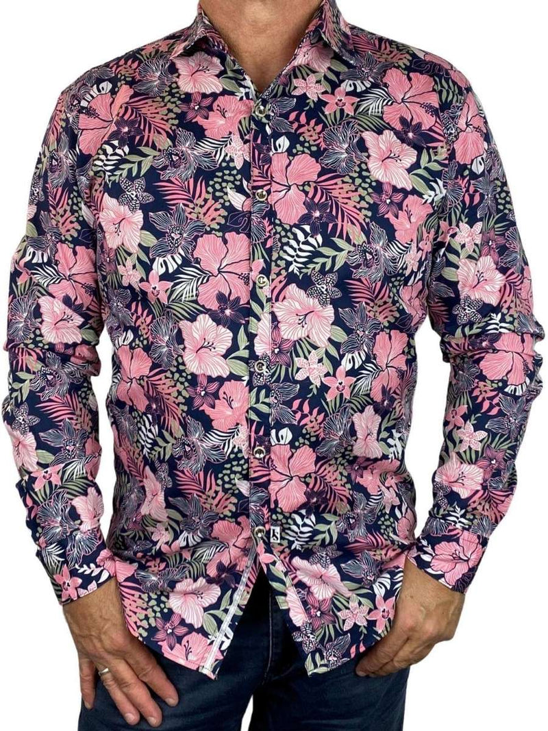 Hibiscus Cotton Hawaiian L/S Shirt - Pink/Navy