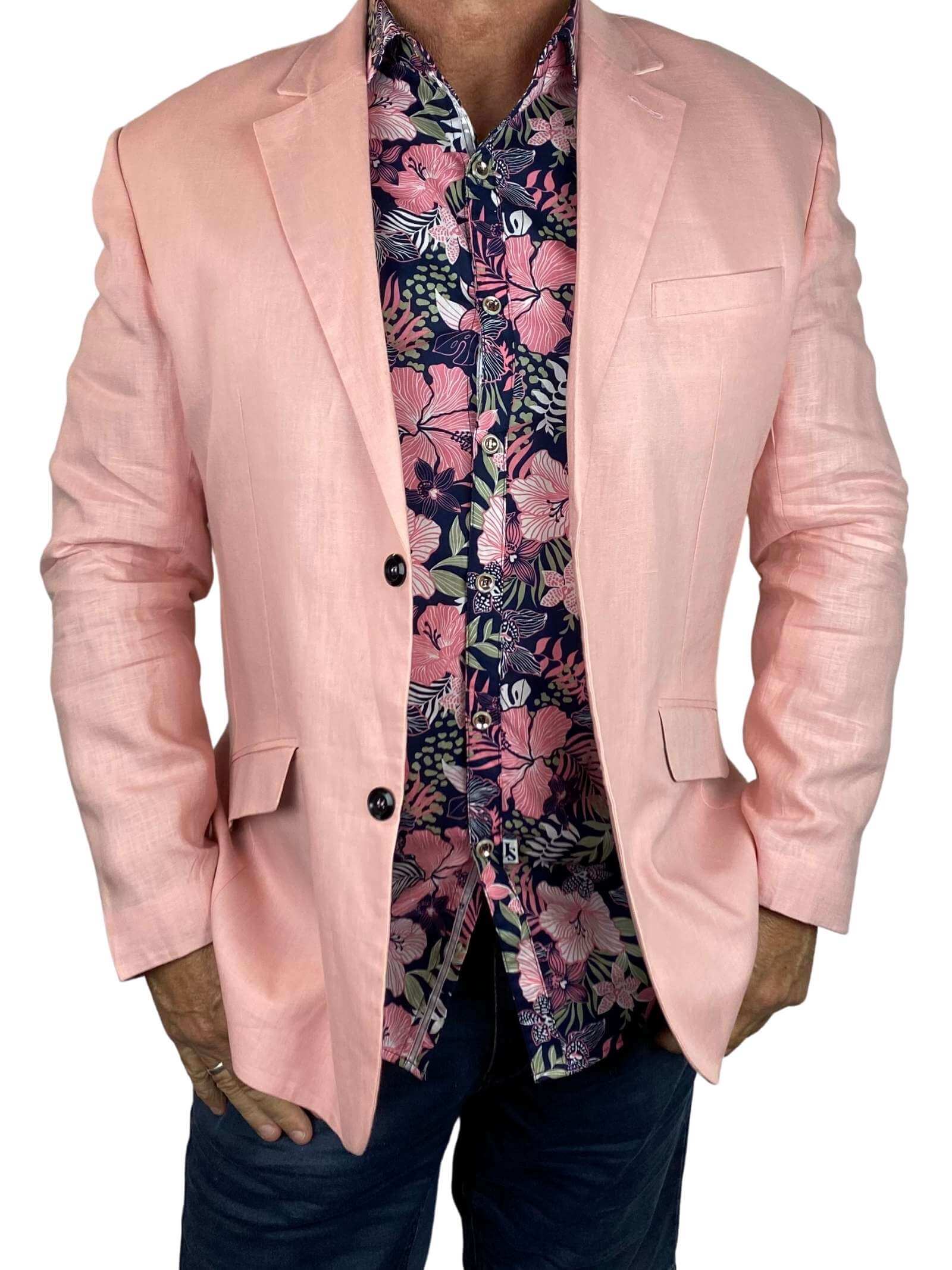 Hibiscus Cotton Hawaiian L/S Shirt - Pink/Navy