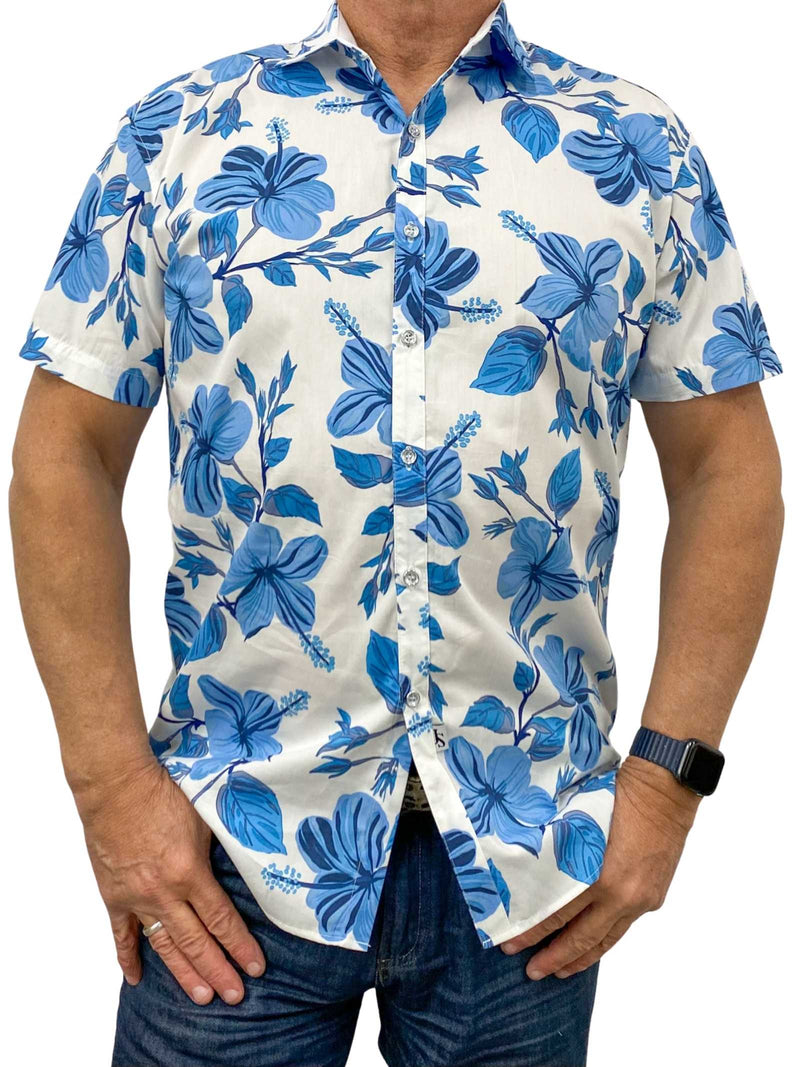 Holiday Hawaiian Cotton S/S Big Mens Shirt - Blue/White