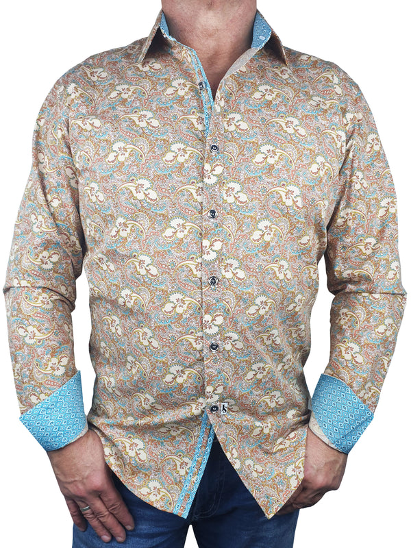 Hustle Paisley Cotton L/S Big Mens Shirt - Beige