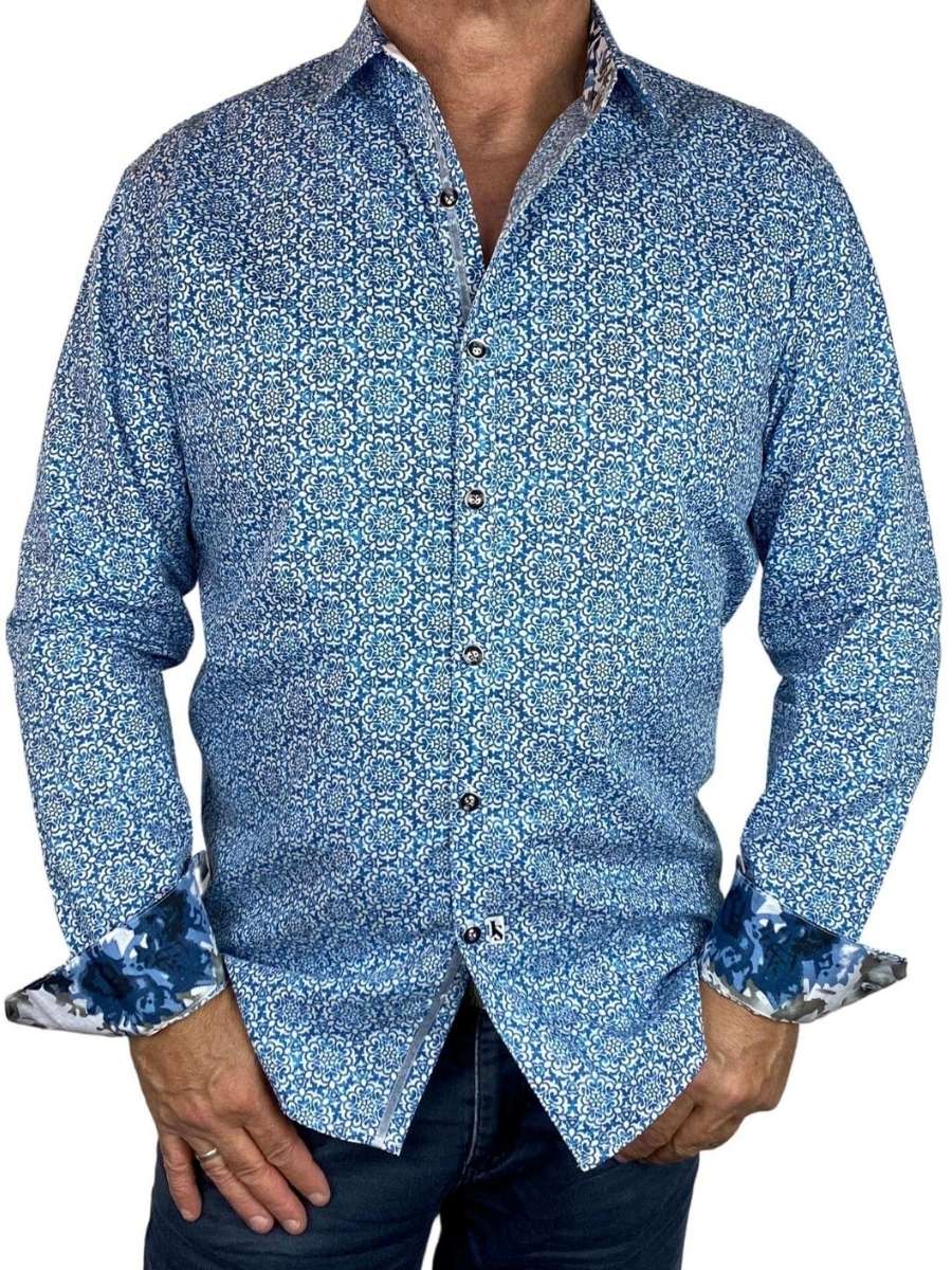India Cotton Abstract L/S Shirt - Blue
