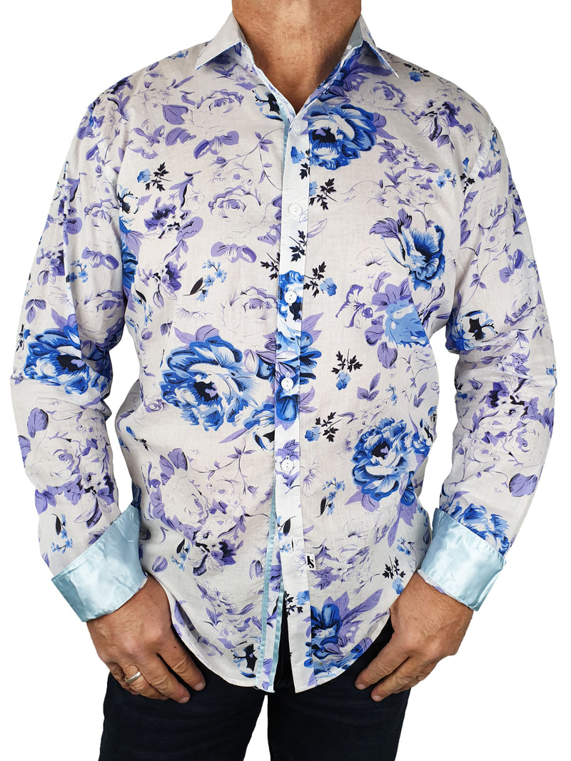 Jacaranda Floral Cotton Voile L/S Shirt - White/Blue/Purple