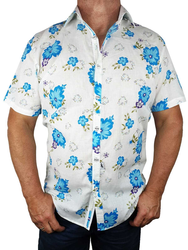Virgin Floral Cotton Voile S/S Shirt - White/Blue