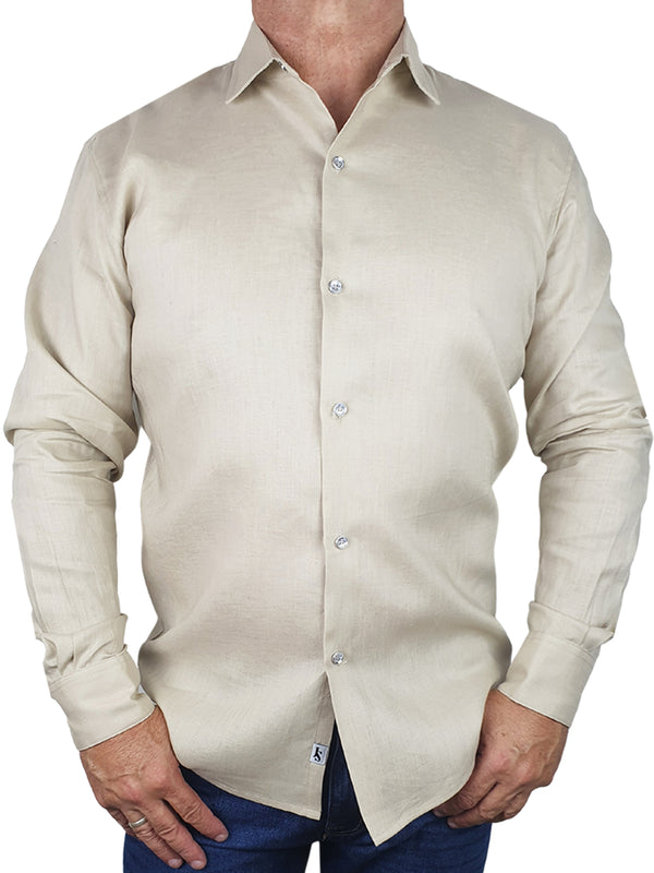 Byron Bay Latte Linen L/S Big Mens Shirt - Beige