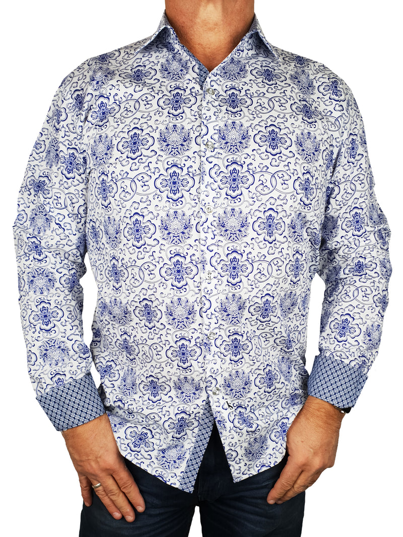 Lion Abstract Cotton L/S Big Mens Shirt - White/Navy