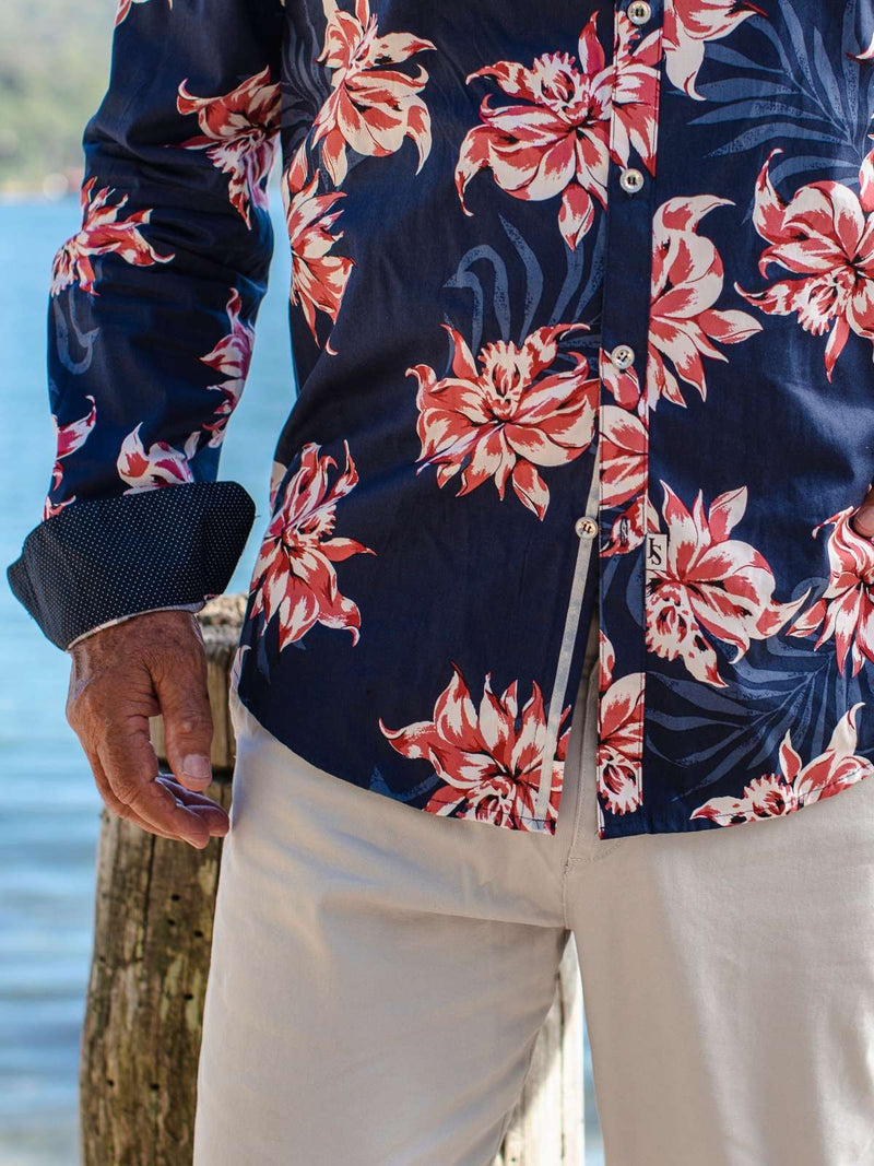 Lotus Cotton Floral L/S Shirt - Navy/Pink
