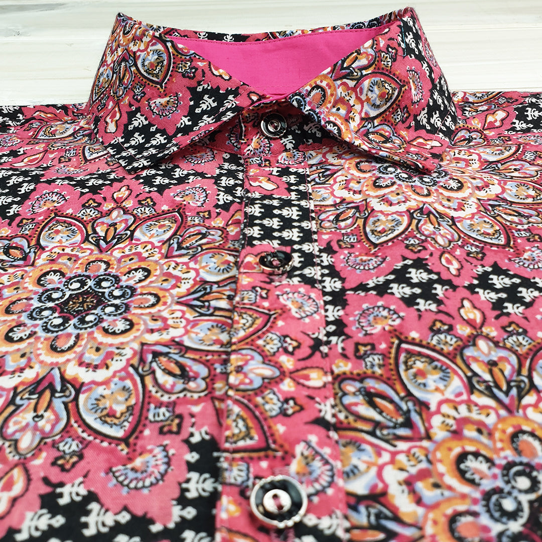 Mandala Abstract Cotton L/S Big Mens Shirt - Pink