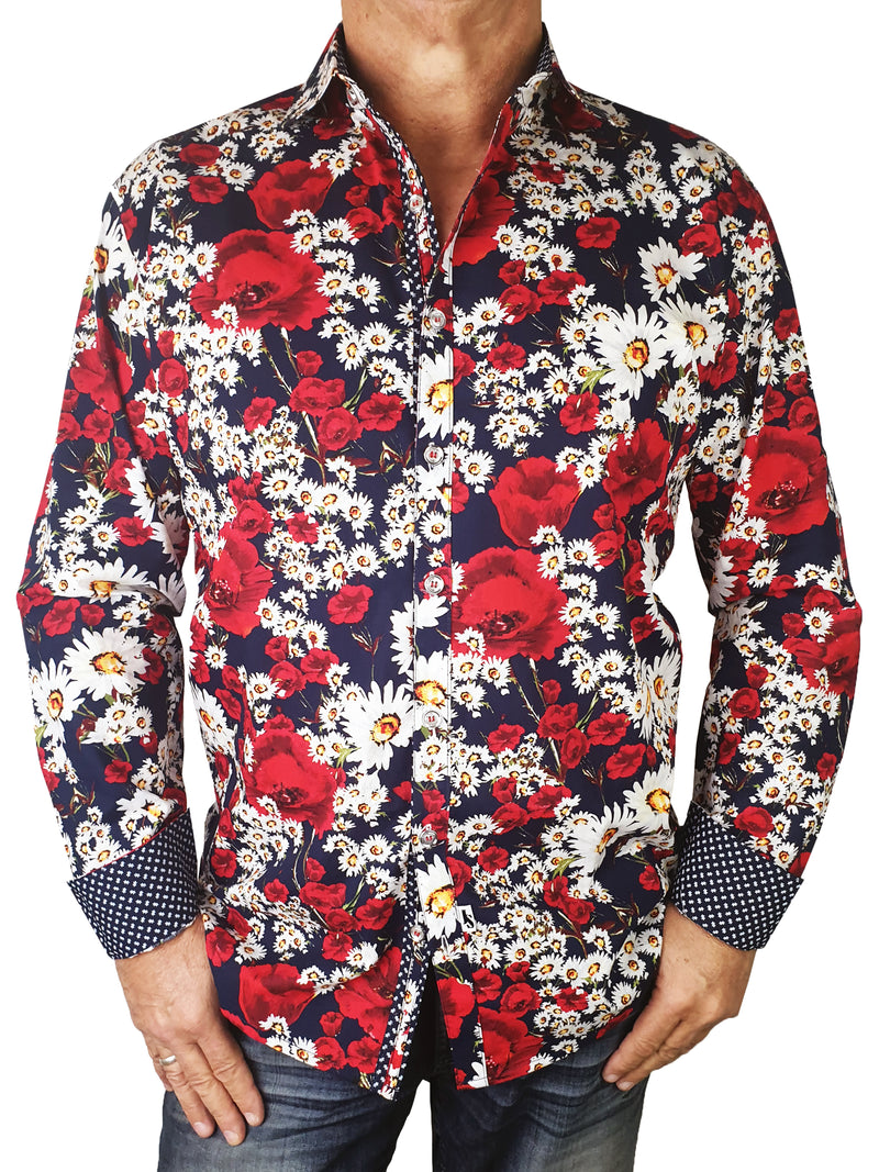 Menage Floral Cotton L/S Shirt - Red/Navy