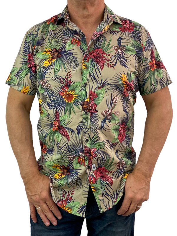 Native Floral Cotton S/S Shirt - Brown