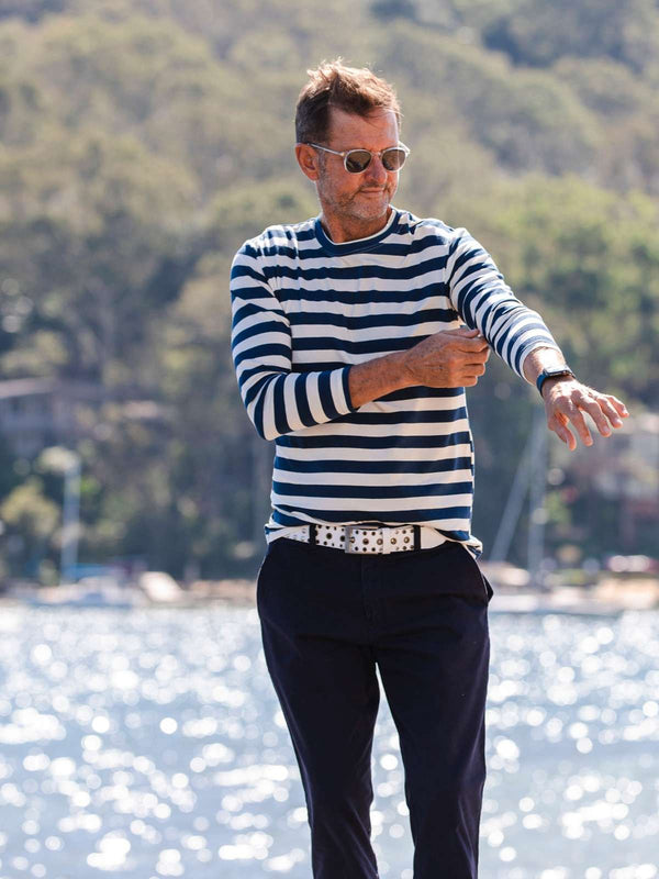 Perisher Striped Cotton L/S Tee - Navy/White