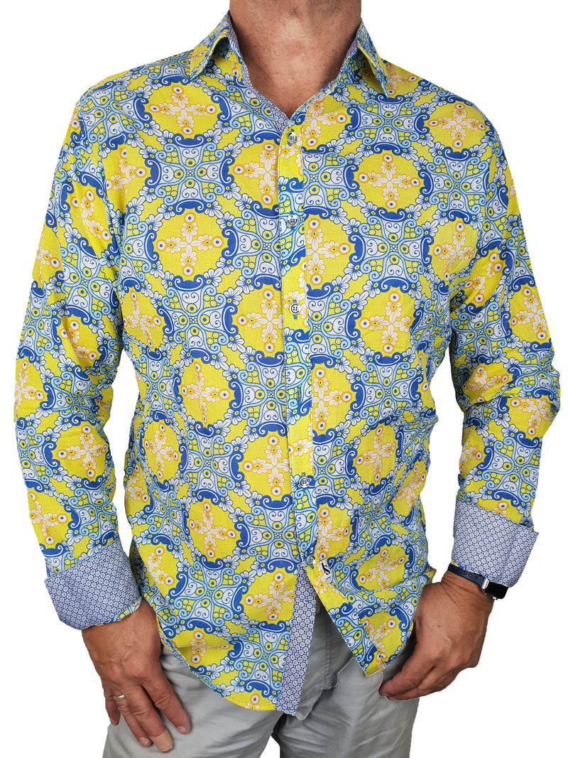 Runaway Abstract Cotton Voile L/S  Shirt - Yellow/Blue