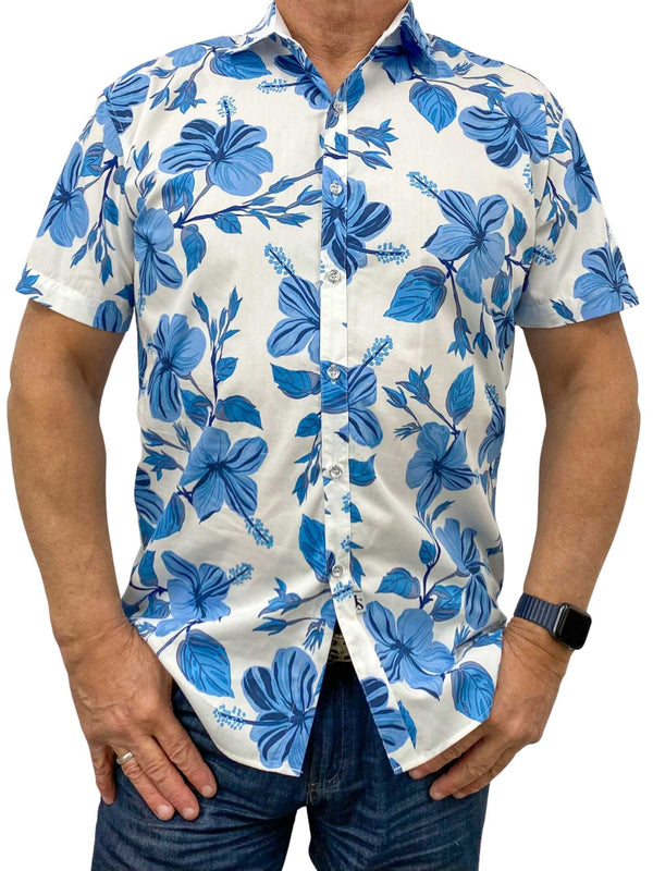 Holiday Hawaiian Cotton S/S Shirt - Blue/White
