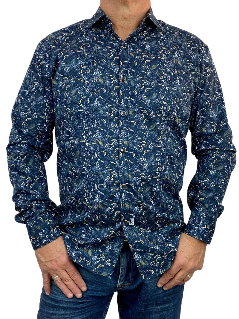 Dark Abstract Cotton L/S Shirt - Navy